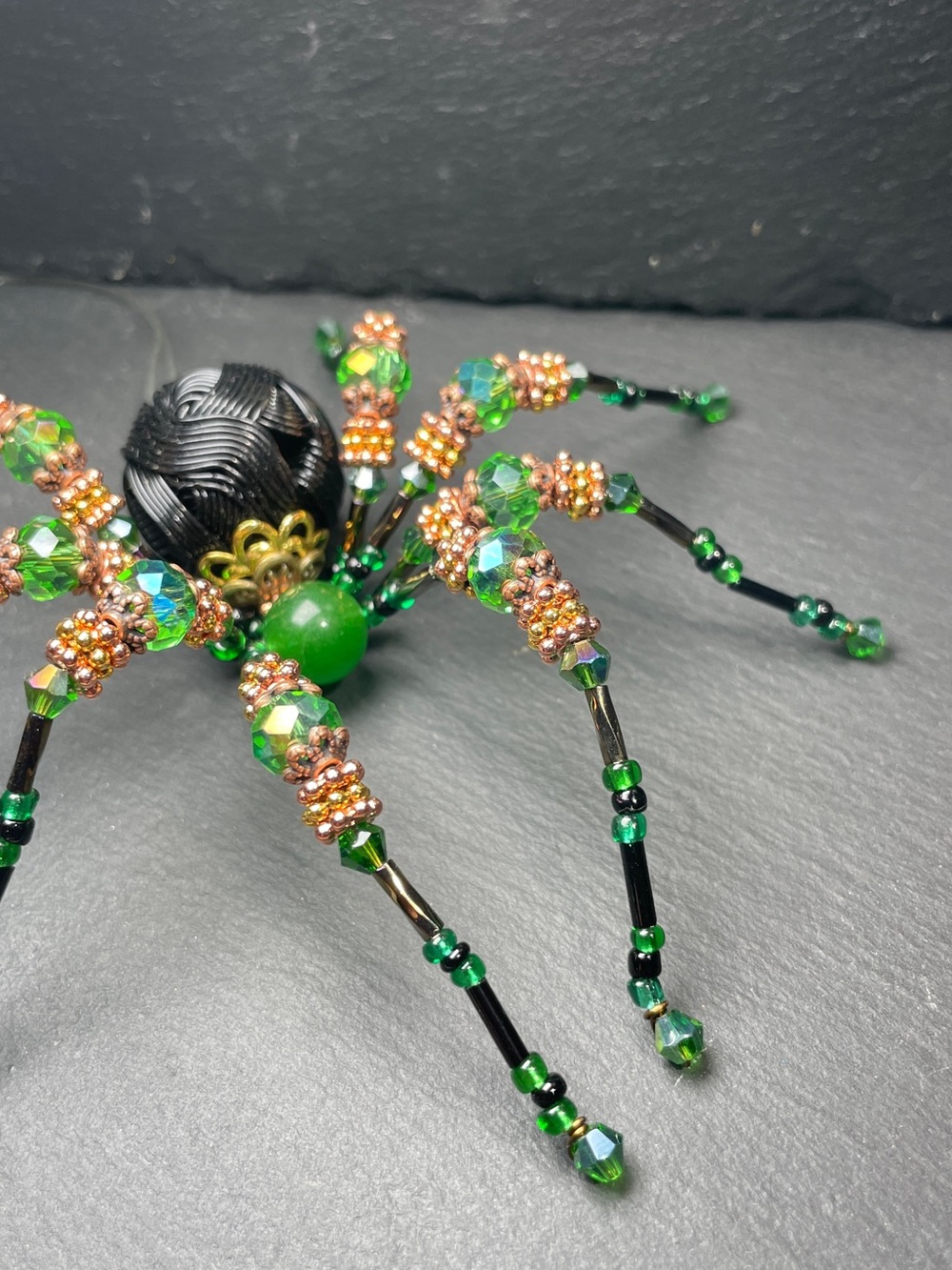 Artisan Made | Green Jade | Black Crystal Beaded Spider | Halloween Ornament - Picture 6 of 14